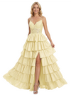 Unique  V-Neck Ruffle Skirt A-Line Formal Gown Floor-Length Prom Dress Side Slit Spaghetti Straps