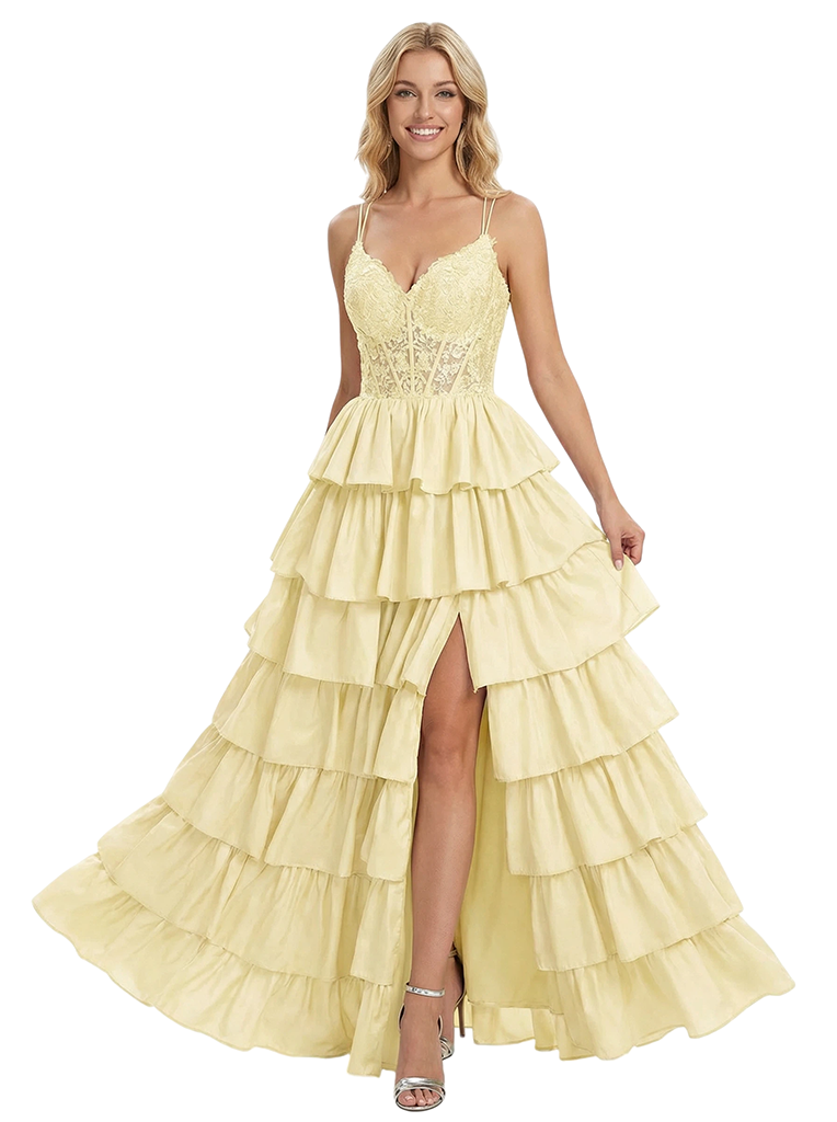 Unique  V-Neck Ruffle Skirt A-Line Formal Gown Floor-Length Prom Dress Side Slit Spaghetti Straps
