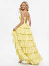 Sweet Spaghetti Straps V-neck A-line Side Slit Long Evening Prom Dresses with Ruffle