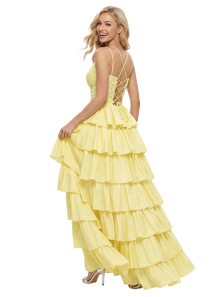 Unique  V-Neck Ruffle Skirt A-Line Formal Gown Floor-Length Prom Dress Side Slit Spaghetti Straps