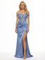 Elegant Off Shoulder Mermaid Applique Satin Prom Dresses with Side Slit