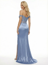 Elegant Off Shoulder Mermaid Applique Satin Prom Dresses with Side Slit