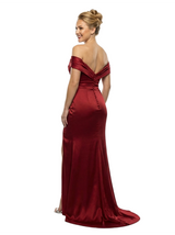 Fancy Off The Shoulder Ruched Satin Side Slit Mermaid Maxi Prom Gown