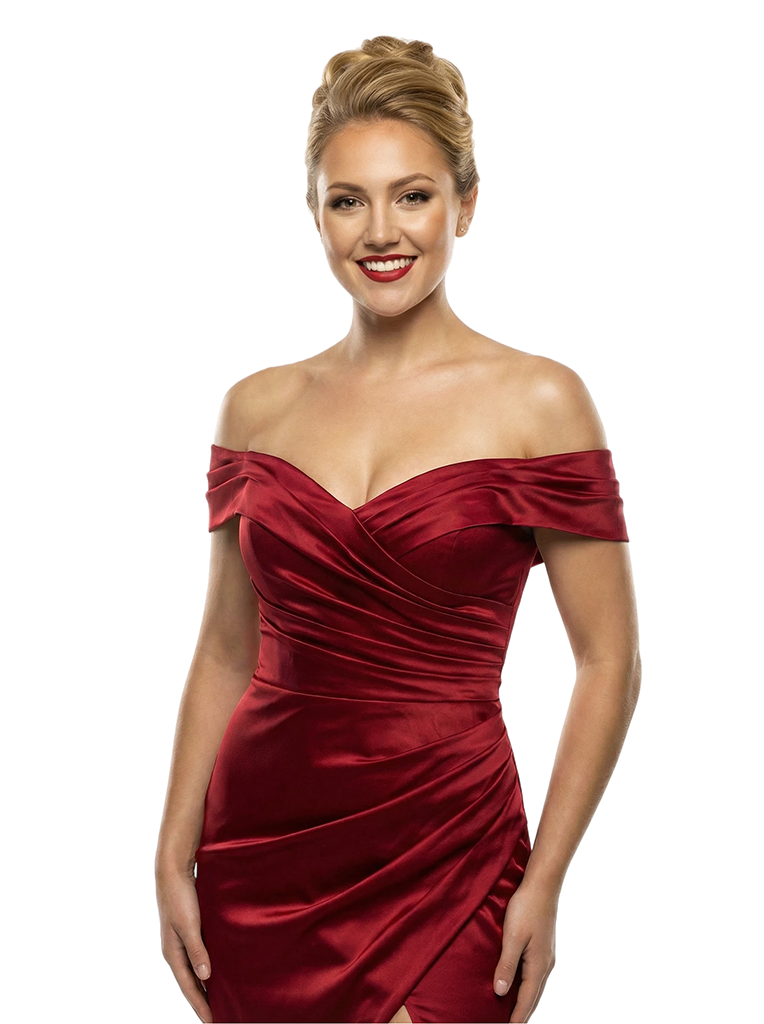 Fancy Off The Shoulder Ruched Satin Side Slit Mermaid Maxi Prom Gown