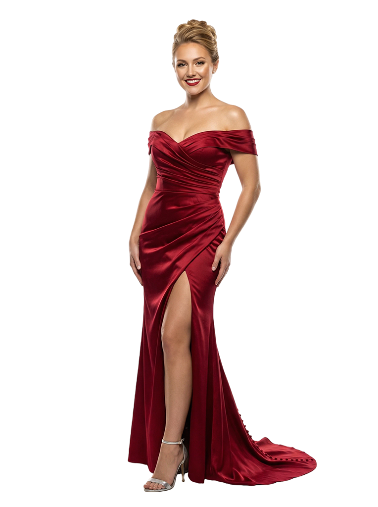 Fancy Off The Shoulder Ruched Satin Side Slit Mermaid Maxi Prom Gown