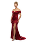 Fancy Off The Shoulder Ruched Satin Side Slit Mermaid Maxi Prom Gown