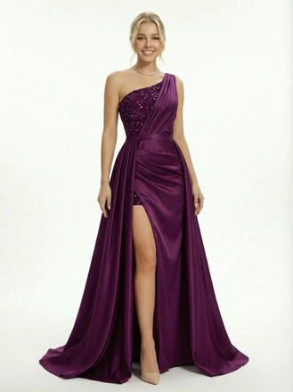 Shinning One Shoulder Mermaid Side Slit Satin Prom Dresses with Overskirt
