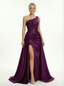 Shinning One Shoulder Mermaid Side Slit Satin Prom Dresses with Overskirt