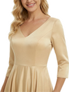 Elegant V-Neck Long Sleeves A-Line Satin Tea-Length Mother of the Bride Dresses
