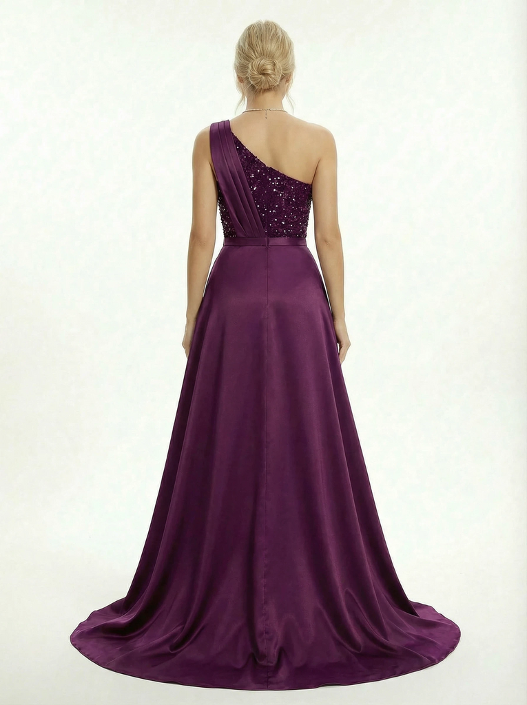 Shinning One Shoulder Mermaid Side Slit Satin Prom Dresses with Overskirt