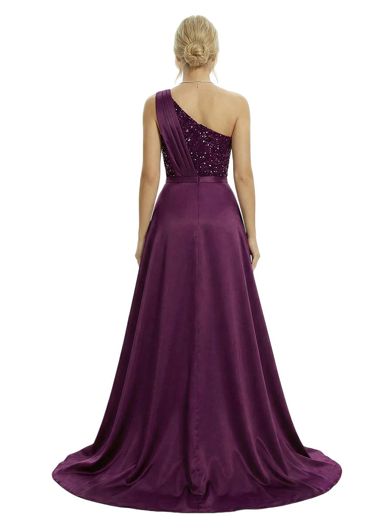 Sexy One Shoulder Sequin Ruched Side Slit Stain Mermaid Maxi Prom Dress Overlay