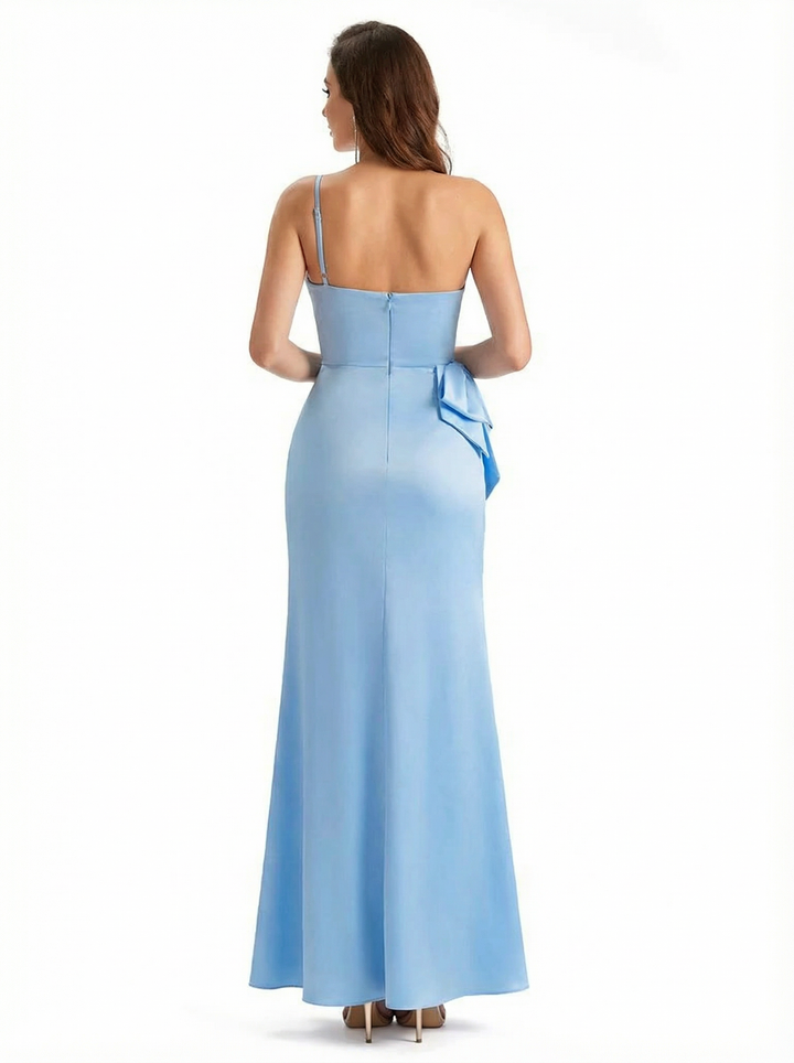 Sexy One Shoulder Sleeveless Mermaid Ruched Satin Long Formal Dresses Side Slit