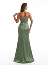 Elegant Spaghetti Straps Lace Bodice Mermaid Silky Satin Long Evening Formal Dresses Side Slit