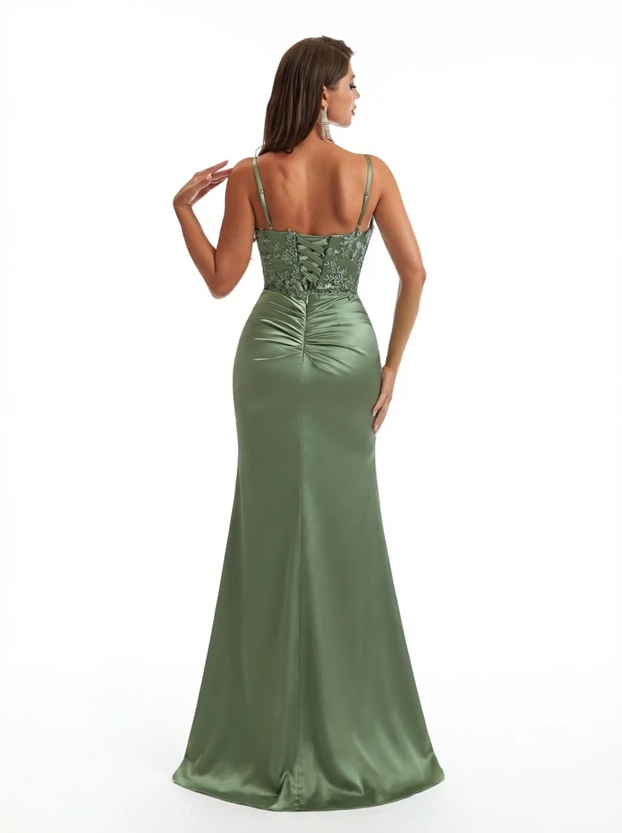 Elegant Spaghetti Straps Lace Bodice Mermaid Silky Satin Long Evening Formal Dresses Side Slit
