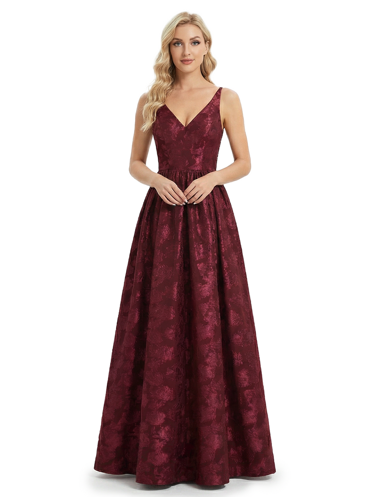 Elegant Spaghetti Straps V-Neck Floral Burnout Chiffon A-Line Formal Evening Dresses