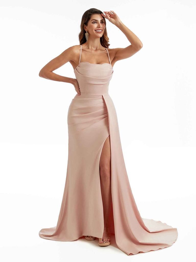 Sexy Spaghetti Straps Mermaid Long Satin Unique Formal Bridesmaid Dresses Online