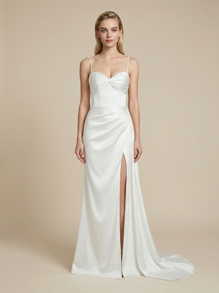 Sheath Spaghetti Straps Side Slit Maxi Long Satin Wedding Dresses Online