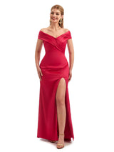 Off The Shoulder Mermaid Silky Satin Sexy Side Slit Long Wedding Guest Dresses