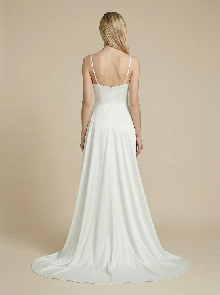 Sheath Spaghetti Straps Side Slit Maxi Long Satin Wedding Dresses Online