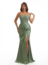 Elegant Spaghetti Straps Lace Bodice Mermaid Silky Satin Long Evening Formal Dresses Side Slit