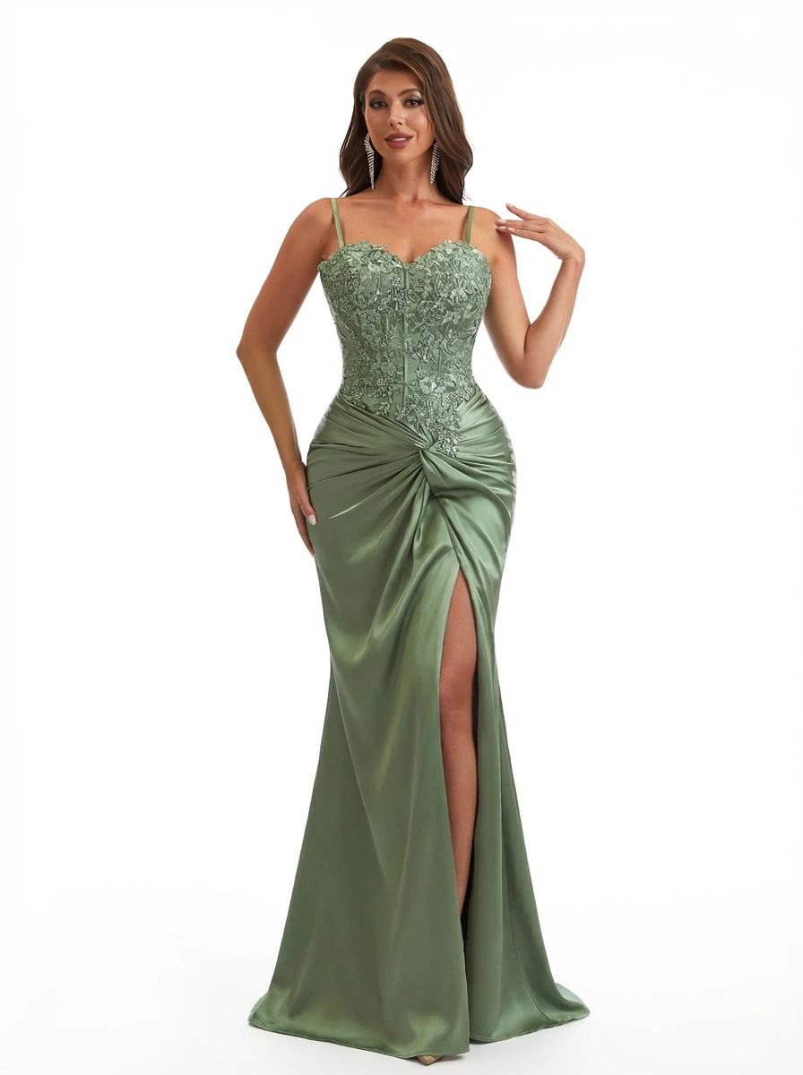Elegant Spaghetti Straps Lace Bodice Mermaid Silky Satin Long Evening Formal Dresses Side Slit