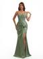 Elegant Spaghetti Straps Lace Bodice Mermaid Silky Satin Long Evening Formal Dresses Side Slit