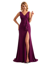 Elegant Side Slit Mermaid Pleats V-neck Stretchy Jersey Long Formal Bridesmaid Dresses