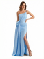 Sexy One Shoulder Sleeveless Mermaid Ruched Satin Long Formal Dresses Side Slit