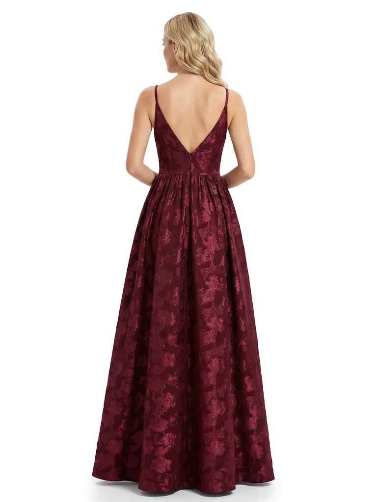 Elegant Spaghetti Straps V-Neck Floral Burnout Chiffon A-Line Formal Evening Dresses