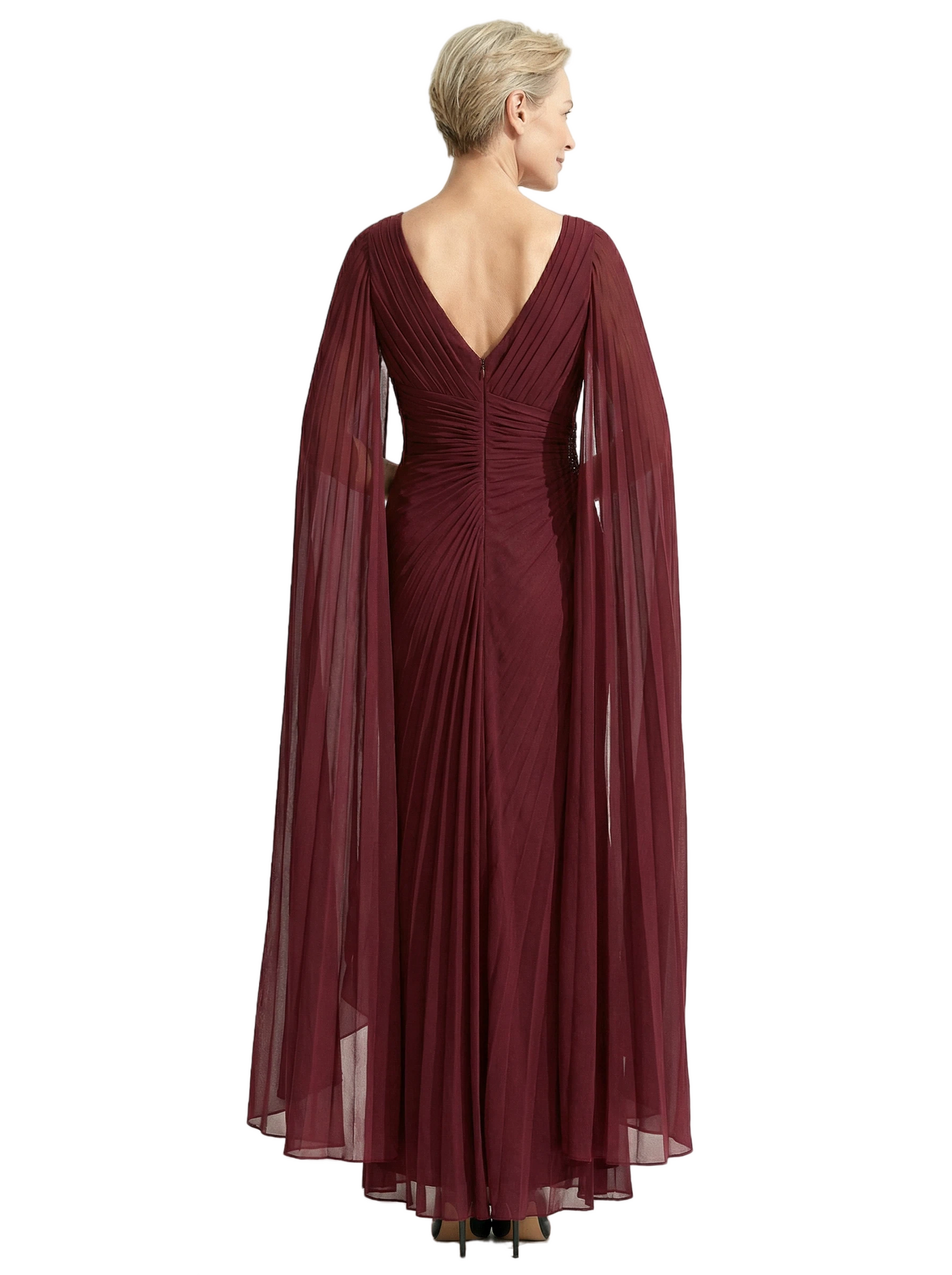 Elegant Asymmetrical Neck Mother of the Bride Gown with Floor Length Cape Sleeves Chiffon Dress