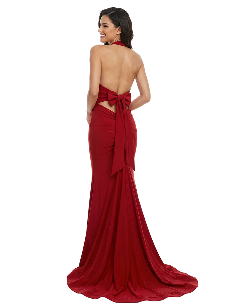 Sexy Crepe Halter Sleeveless Bow Back Mermaid Long Party Prom Dresses