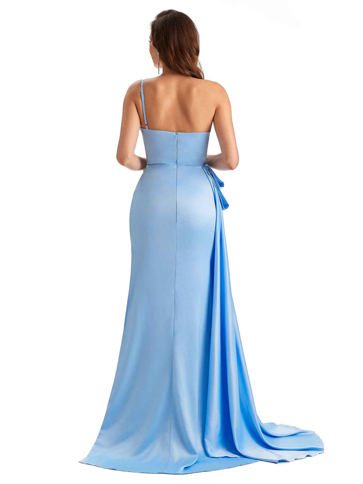 Sexy Side Slit Mermaid Silky Satin One Shoulder Modern Maxi Bridesmaid Dresses