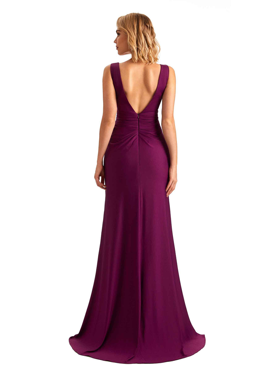 Elegant Side Slit Mermaid Pleats V-neck Stretchy Jersey Long Formal Bridesmaid Dresses