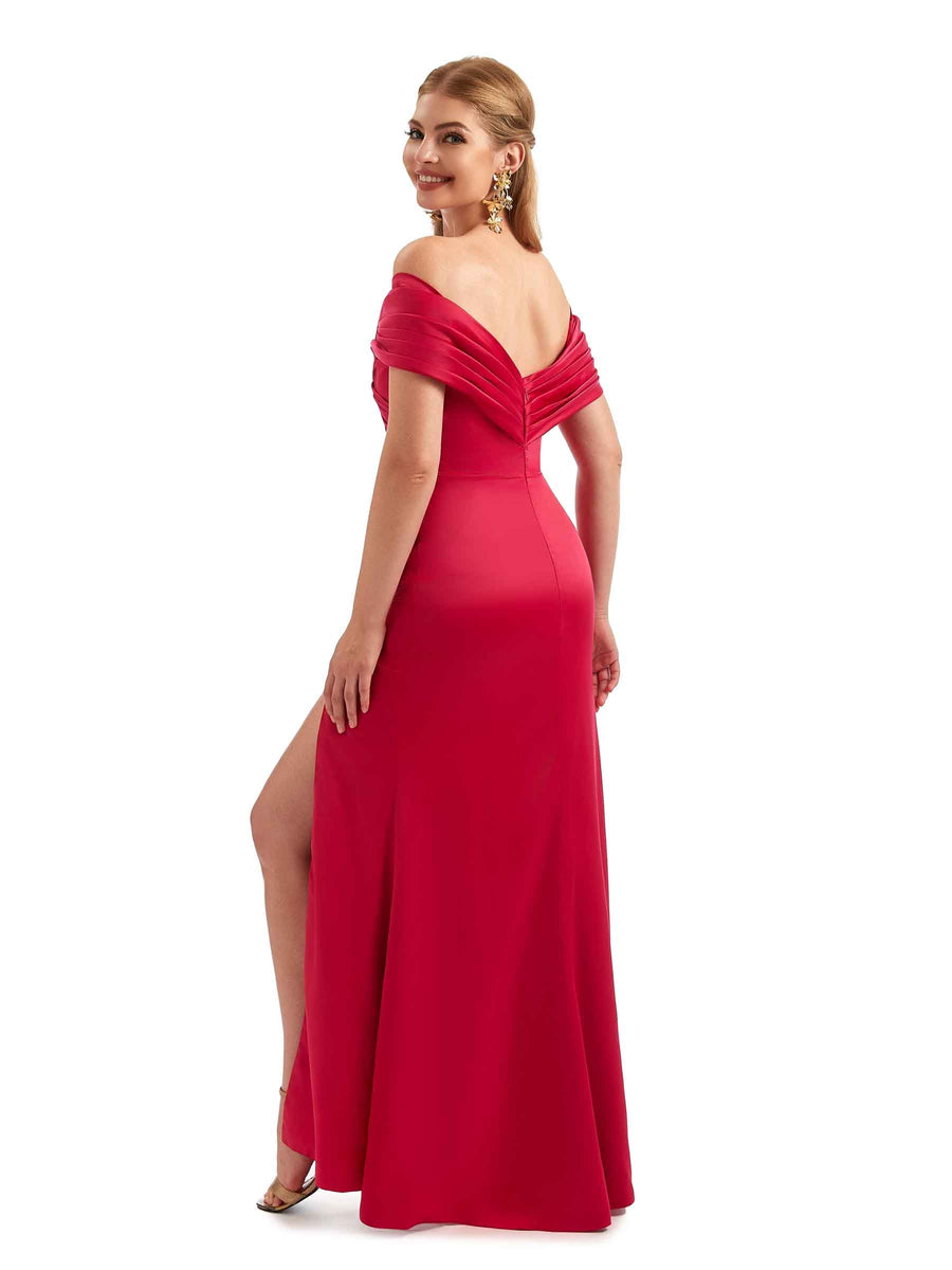 Alluring Boho Bridesmaid Dress Off-Shoulder Crossed Slit Soft Satin