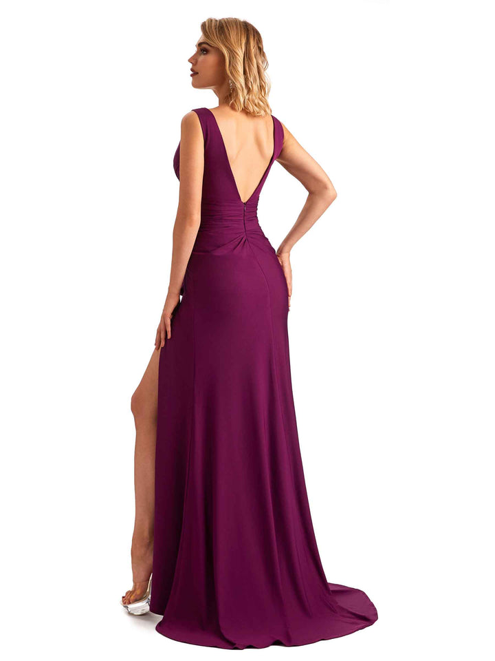 Elegant Side Slit Mermaid Pleats V-neck Stretchy Jersey Long Formal Bridesmaid Dresses