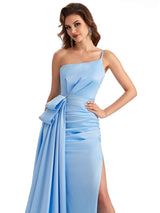 Sexy Side Slit Mermaid Silky Satin One Shoulder Modern Maxi Bridesmaid Dresses