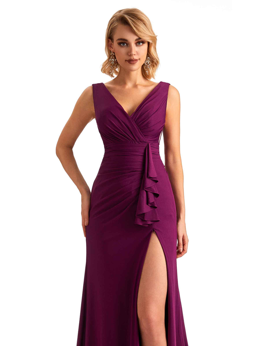 Elegant Side Slit Mermaid Pleats V-neck Stretchy Jersey Long Formal Bridesmaid Dresses