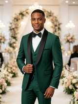 Color Blocking 3 Piece Green Men's Suit with Regular Fit and Sophisticated Peak Lapel