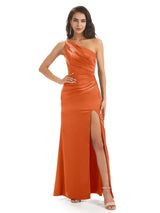 Sexy Soft Satin Side Slit One Shoulder Floor-Length Mermaid Bridesmaid Dresses In Stock