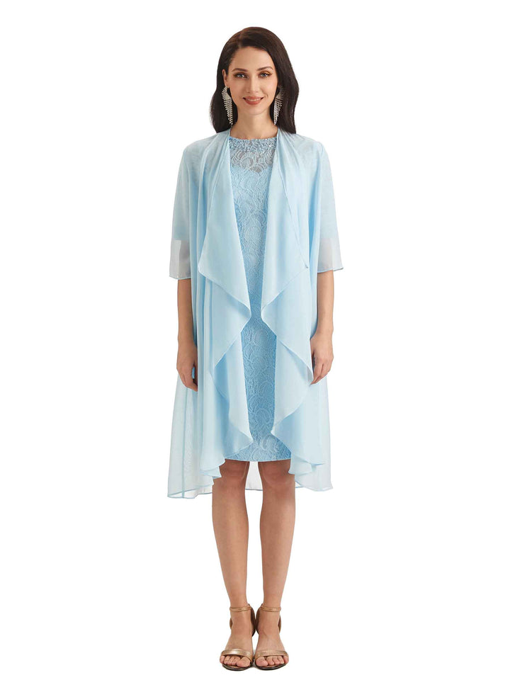 Elegant Chiffon Long Sleeves Lace Beaded Short Mother Of The Groom Dresses With Jacket