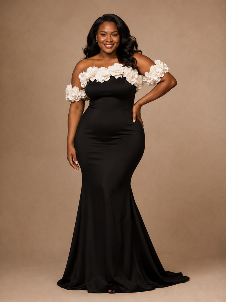 ChicSew Unique Fancy Off The Shoulder Mermaid Satin Floor-Length Wedding Dress With 3D Floral Applique