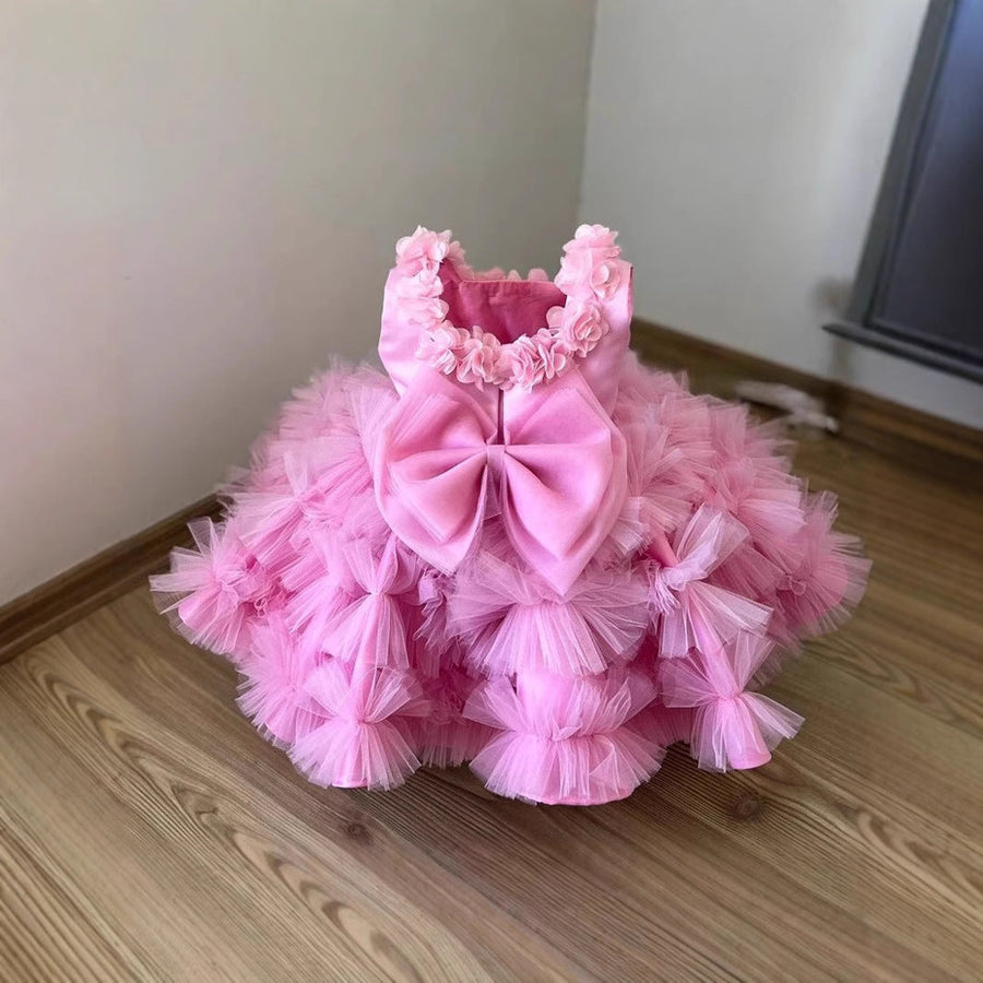 Pink Lace Beaded Flower Girl Dresses Ball Gown Hand Made Flowers Little Girl