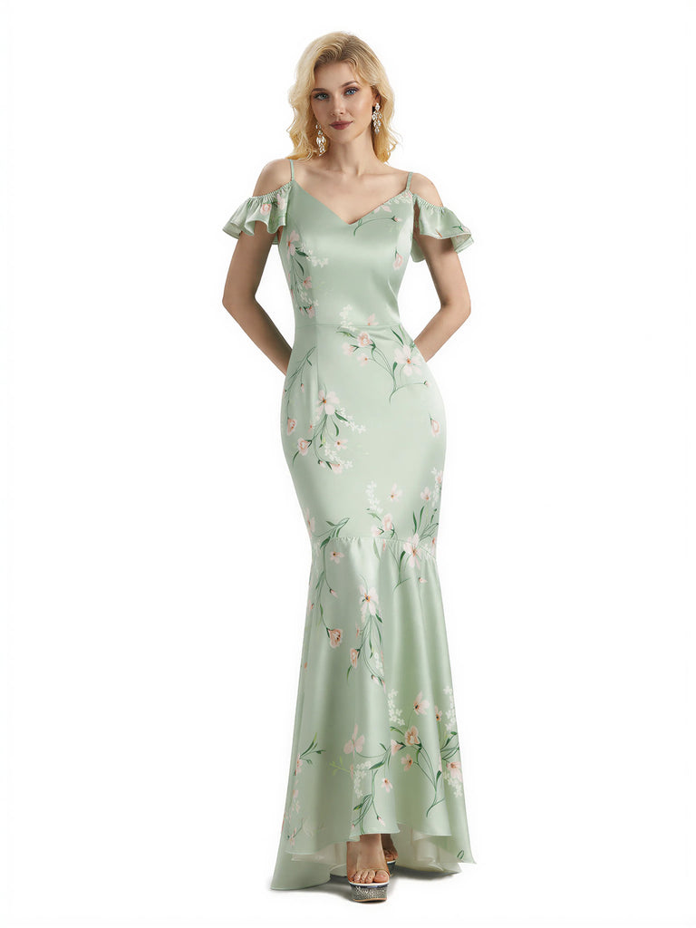 Beautiful Mermaid Cold Shoulder Floral Satin Maxi Floral Formal Dresses For Women