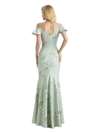 Beautiful Mermaid Cold Shoulder Floral Satin Maxi Floral Formal Dresses For Women