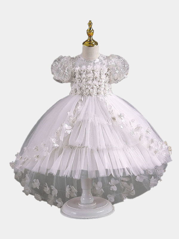 Flower Girls Dress Lace Rhinestone Short Sleeves A-line with Train Princess Gown for Wedding