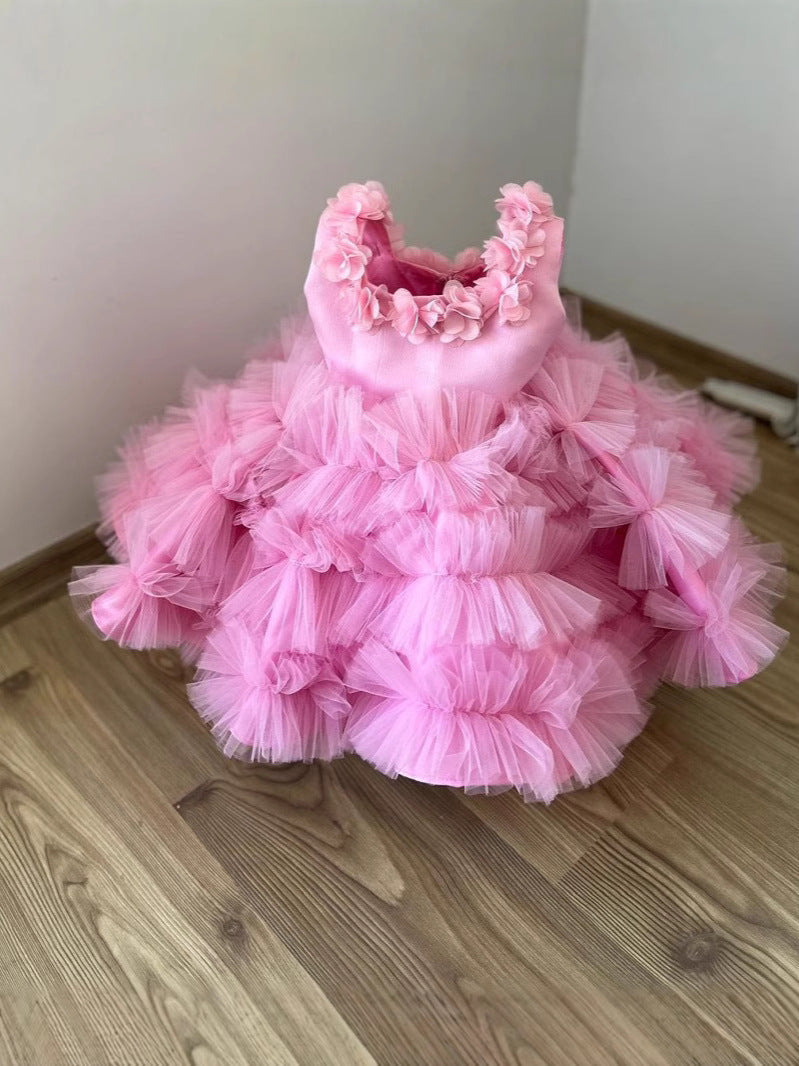 Pink Lace Beaded Flower Girl Dresses Ball Gown Hand Made Flowers Little Girl