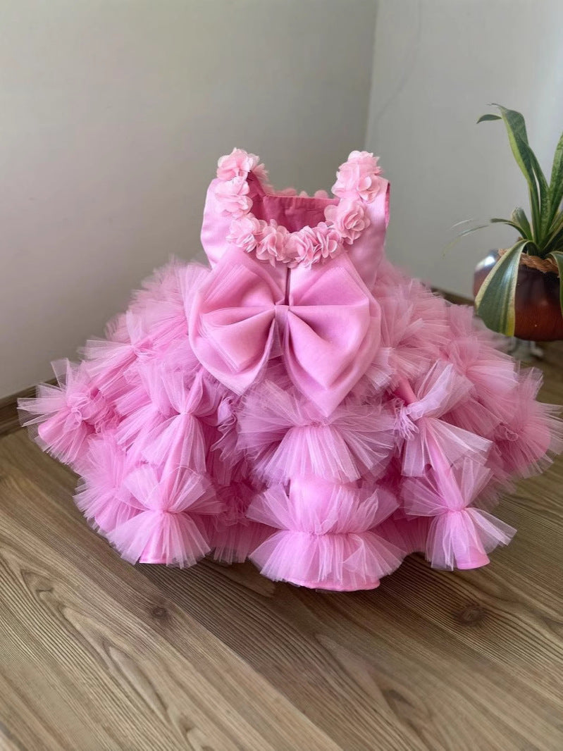 Pink Lace Beaded Flower Girl Dresses Ball Gown Hand Made Flowers Little Girl