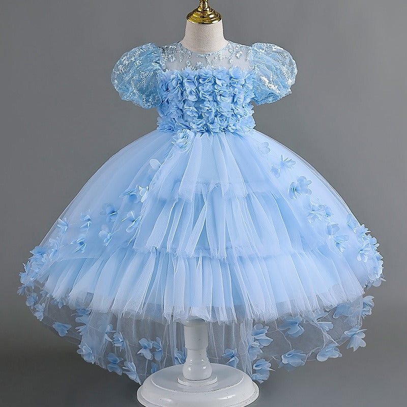 Flower Girls Dress Lace Rhinestone Short Sleeves A-line with Train Princess Gown for Wedding