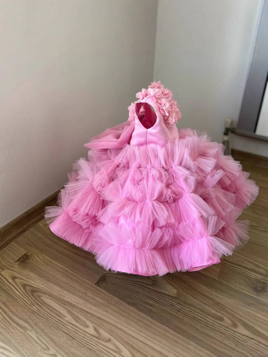 Pink Lace Beaded Flower Girl Dresses Ball Gown Hand Made Flowers Little Girl