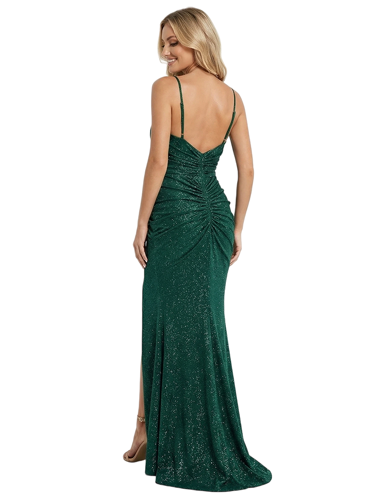 Sexy Spaghetti Straps V-Neck Side Slit Mermaid Prom Gown Glitter Jersey Formal Dresses